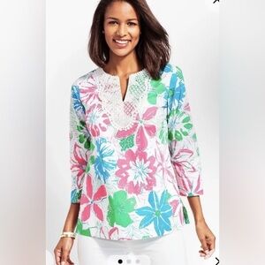Talbots pink green blue white Floral Embroidered Women's Blouse tunic lace XLp